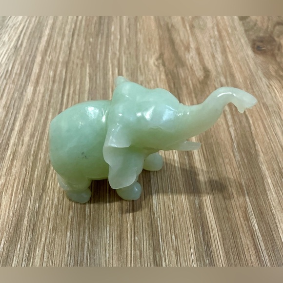 Vintage Pale Green Jade Elephant Trunk up Good Luck Glass Figurine - Picture 2 of 2